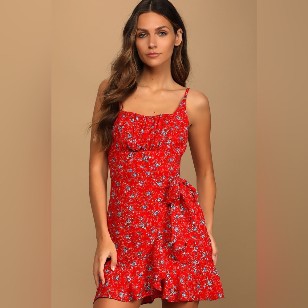 Wrapped Up in Romance Red Floral Print Faux-Wrap Mini Dress Lulus size M